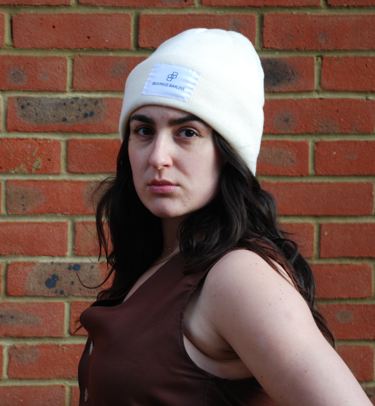 BB Beanie White Front Model | Beatrice Bayliss