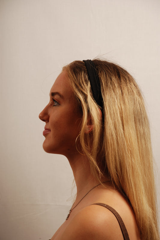 Ribbed Black Headband Model Side | Beatrice Bayliss