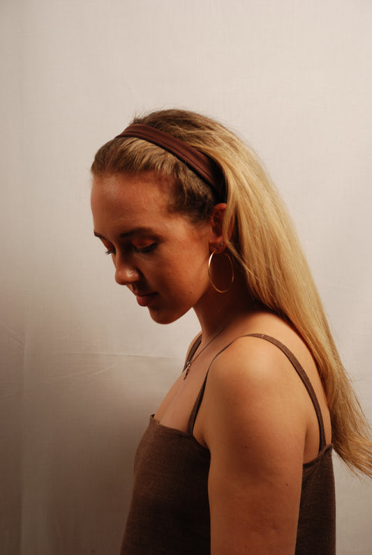 Ribbed Brown Headband Model Side | Beatrice Bayliss