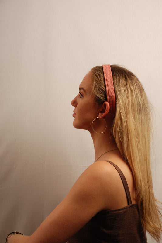 Ribbed Pink Headband Model Side | Beatrice Bayliss