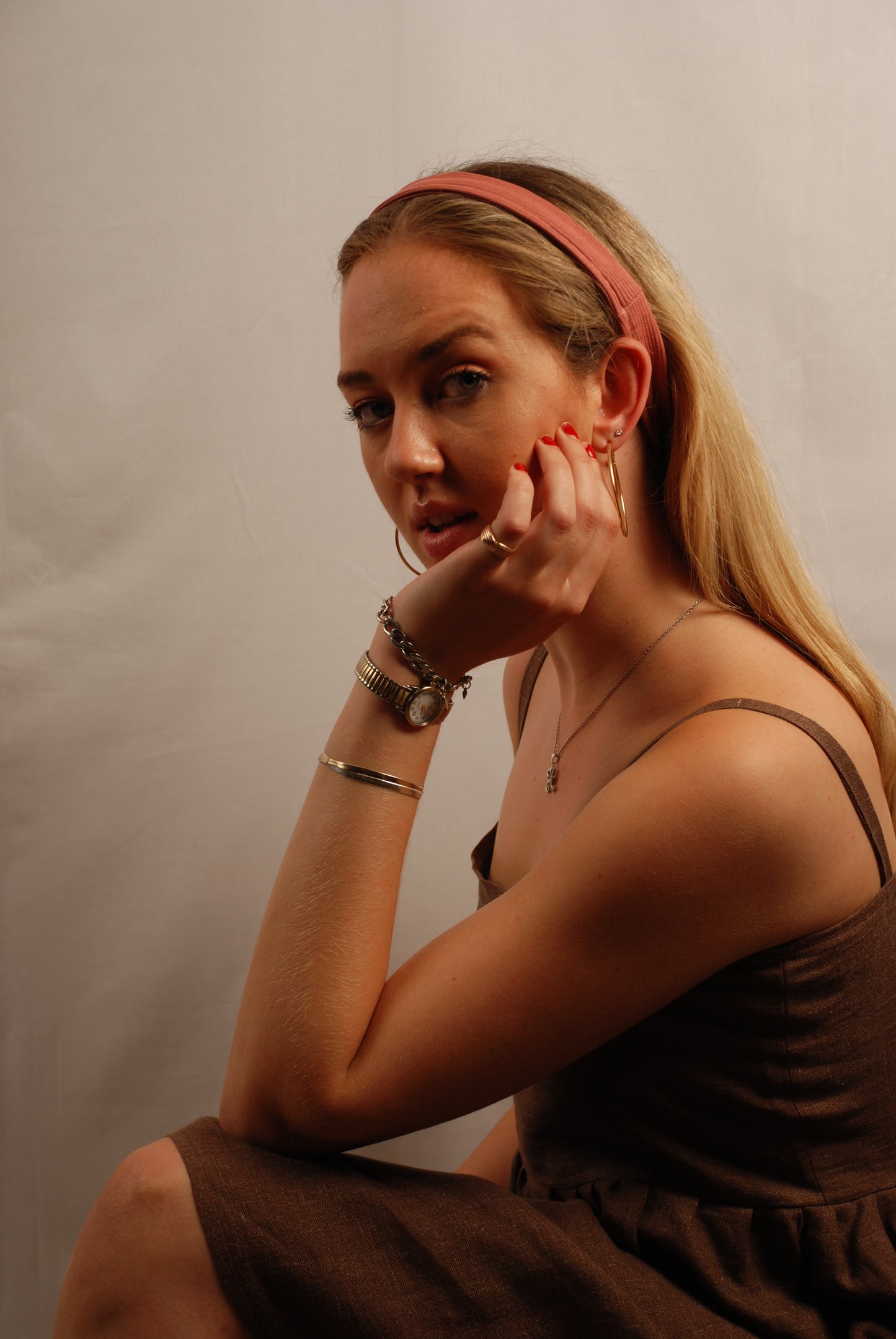 Ribbed Pink Headband Model Far | Beatrice Bayliss